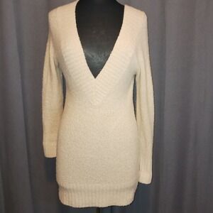 Vintage Outlooks Cream Gold Sparkle V Neck Long Sleeve Sweater Mini Dress Small‎